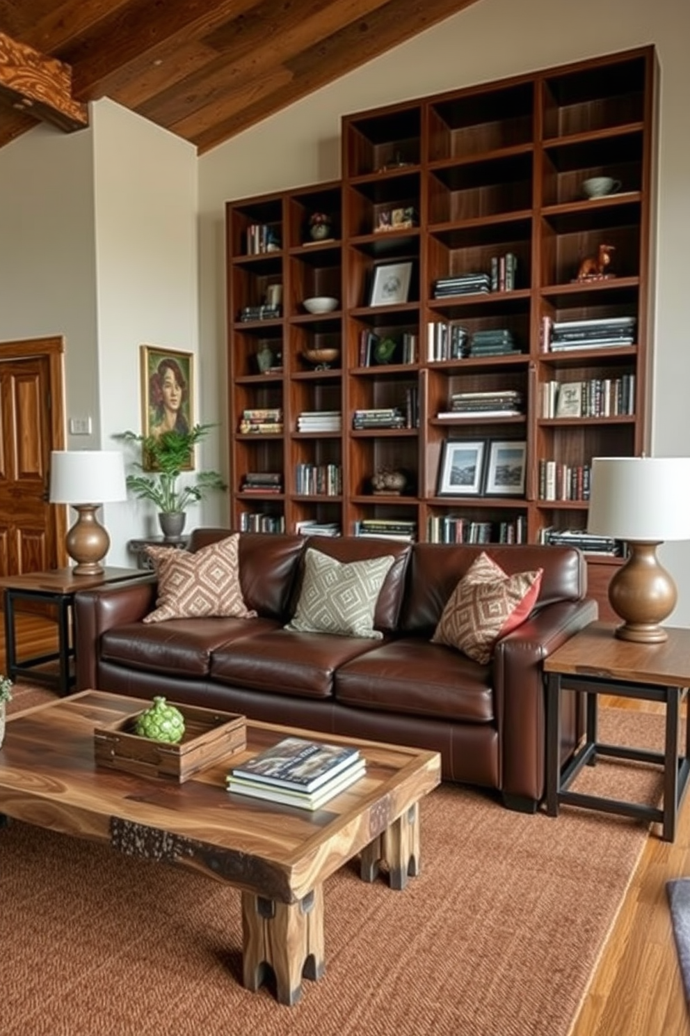 A manly living room design featuring natural wood elements for warmth. The space includes a large leather sofa complemented by a reclaimed wood coffee table and matching side tables. Rich, earthy tones dominate the color palette, with deep greens and browns creating a cozy atmosphere. A statement bookshelf made from dark wood showcases an array of books and decor items, adding character to the room.