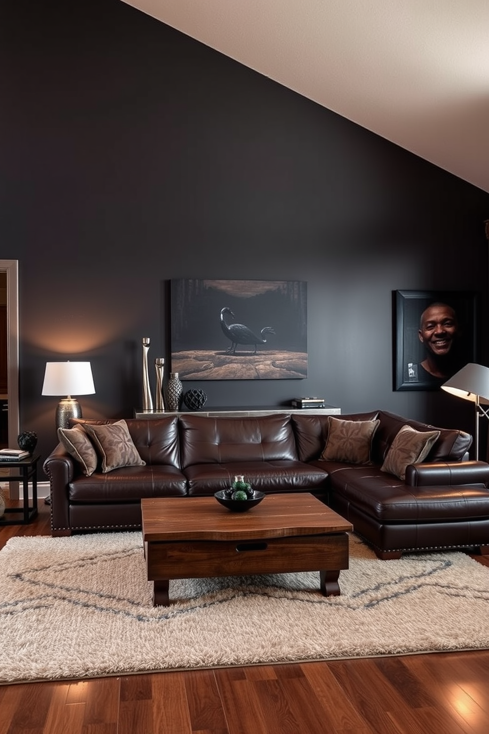 A manly living room design featuring rich dark colors on the walls creates a bold and sophisticated atmosphere. The space includes a large leather sectional sofa in deep brown, complemented by a rustic wooden coffee table at the center. Accent pieces like metallic sculptures and dark-hued artwork adorn the walls, enhancing the masculine aesthetic. A plush area rug in a neutral tone anchors the seating area, while strategically placed floor lamps provide warm, inviting lighting.