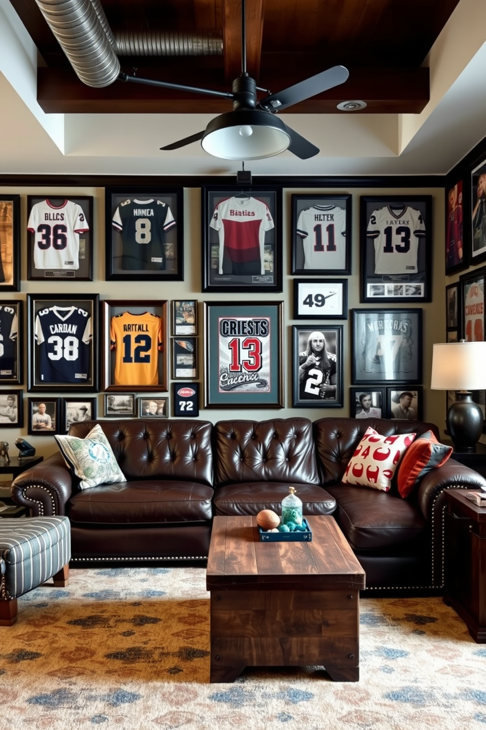 A stylish living room featuring vintage sports memorabilia as decor. The walls are adorned with framed jerseys and signed photographs, creating a nostalgic atmosphere. A large leather sectional sofa sits in the center, complemented by a rustic wooden coffee table. Industrial-style lighting fixtures hang above, adding a modern touch to the masculine design.