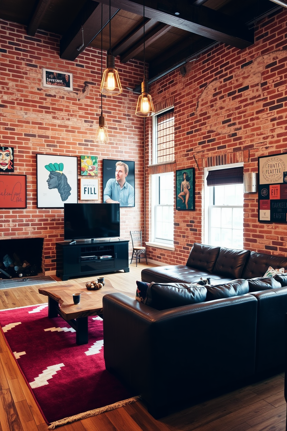 A stylish living room featuring exposed brick walls that add an urban vibe. The space includes a large leather sofa, a reclaimed wood coffee table, and industrial-style lighting fixtures hanging from the ceiling. A bold area rug anchors the seating area, complementing the warm tones of the brick. A collection of artwork with vibrant colors adorns the walls, enhancing the masculine aesthetic of the room.