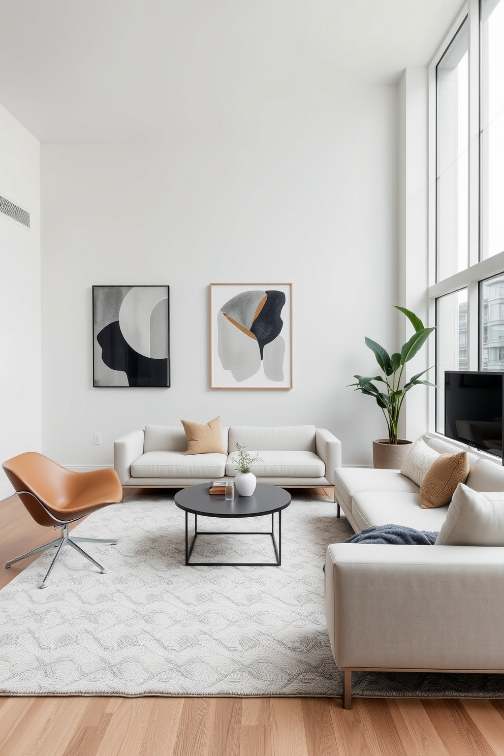 A minimalist living room featuring sleek furniture with clean lines and a neutral color palette. The space includes a low-profile sofa, a simple coffee table, and a geometric area rug that adds texture without overwhelming the design. Accent pieces include a single statement chair and a tall plant in a modern planter, bringing life to the room. The walls are adorned with abstract art, and large windows allow natural light to flood the space, enhancing the minimalist aesthetic.