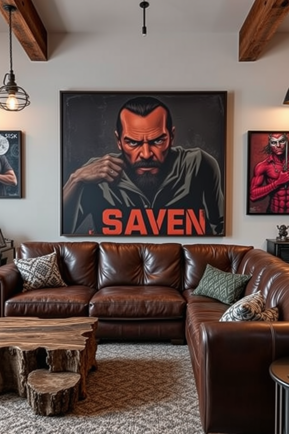 A manly living room design featuring bold artwork that showcases strong themes. The space includes a large leather sectional sofa in deep brown, complemented by a rugged wooden coffee table and industrial-style lighting fixtures.