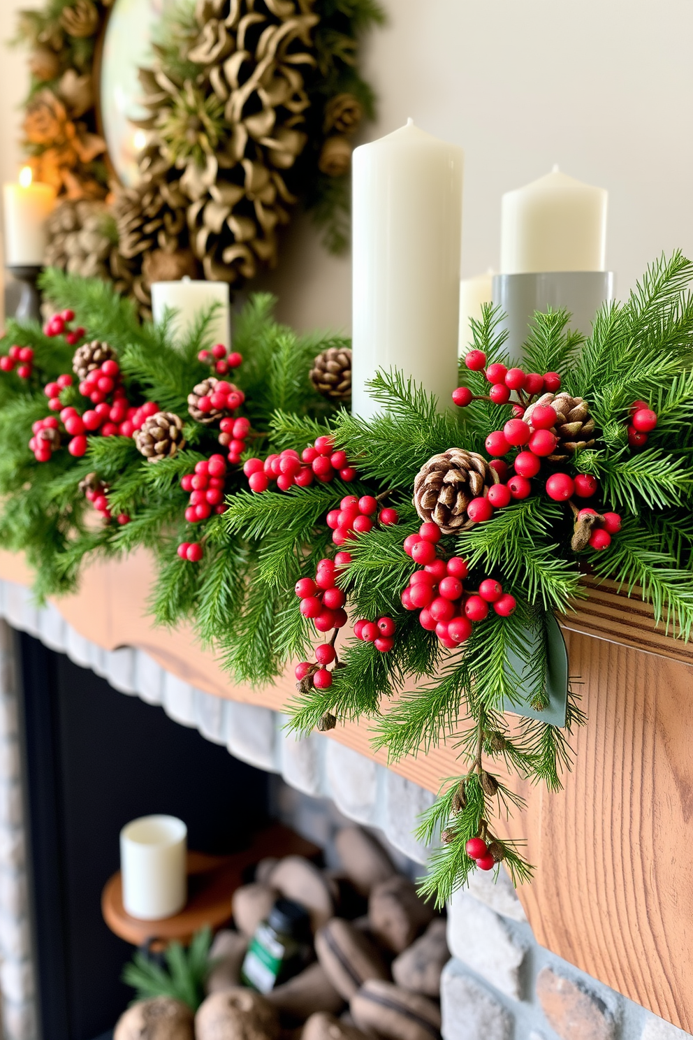 A rustic mantel decorated for Christmas features a lush garland adorned with pinecones and vibrant red berries. The garland drapes elegantly across the mantel, complemented by flickering candles and small wooden accents for a cozy, festive atmosphere.