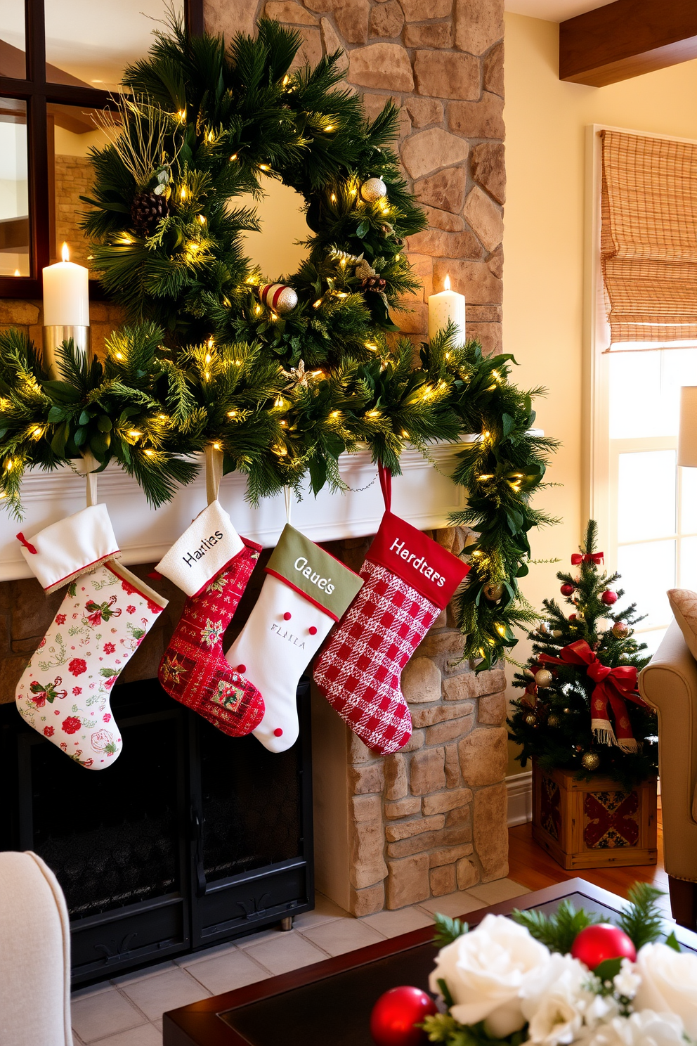 A cozy living room setting adorned for Christmas. The mantel is draped with lush greenery and twinkling fairy lights, creating a warm and inviting atmosphere. Hanging stockings with personalized names add a charming touch. Each stocking is uniquely designed, showcasing festive patterns and colors that complement the holiday decor.