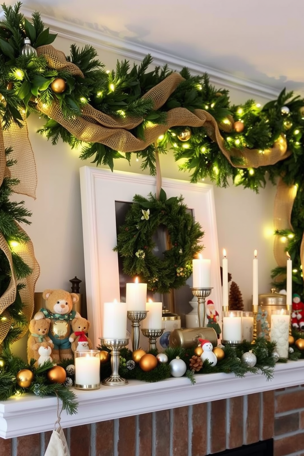 A cozy fireplace adorned with layered garlands featuring a mix of textures such as greenery, burlap, and twinkling fairy lights. The mantel is decorated with an assortment of festive ornaments, candles in varying heights, and a few seasonal figurines to create a warm holiday atmosphere.