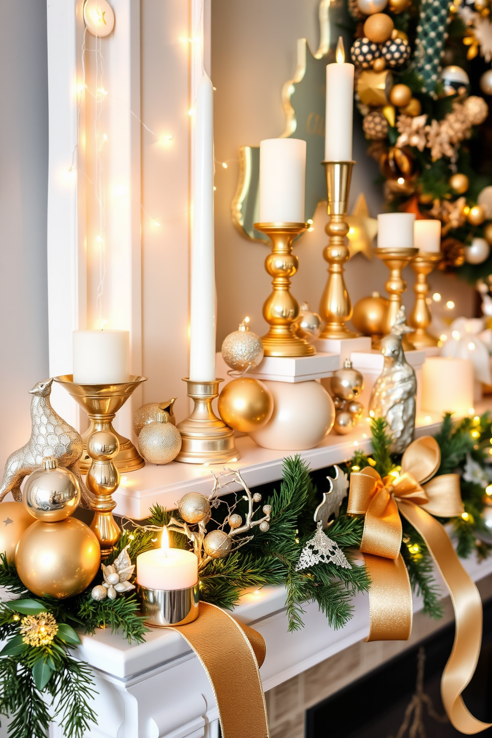 A beautifully decorated mantel showcases a harmonious blend of gold and silver accents. Twinkling fairy lights are interspersed among elegant ornaments, creating a warm and festive atmosphere. Adorn the mantel with a mix of shimmering candle holders and metallic figurines. Fresh greenery and delicate ribbons in gold and silver tones add a touch of elegance to the holiday display.