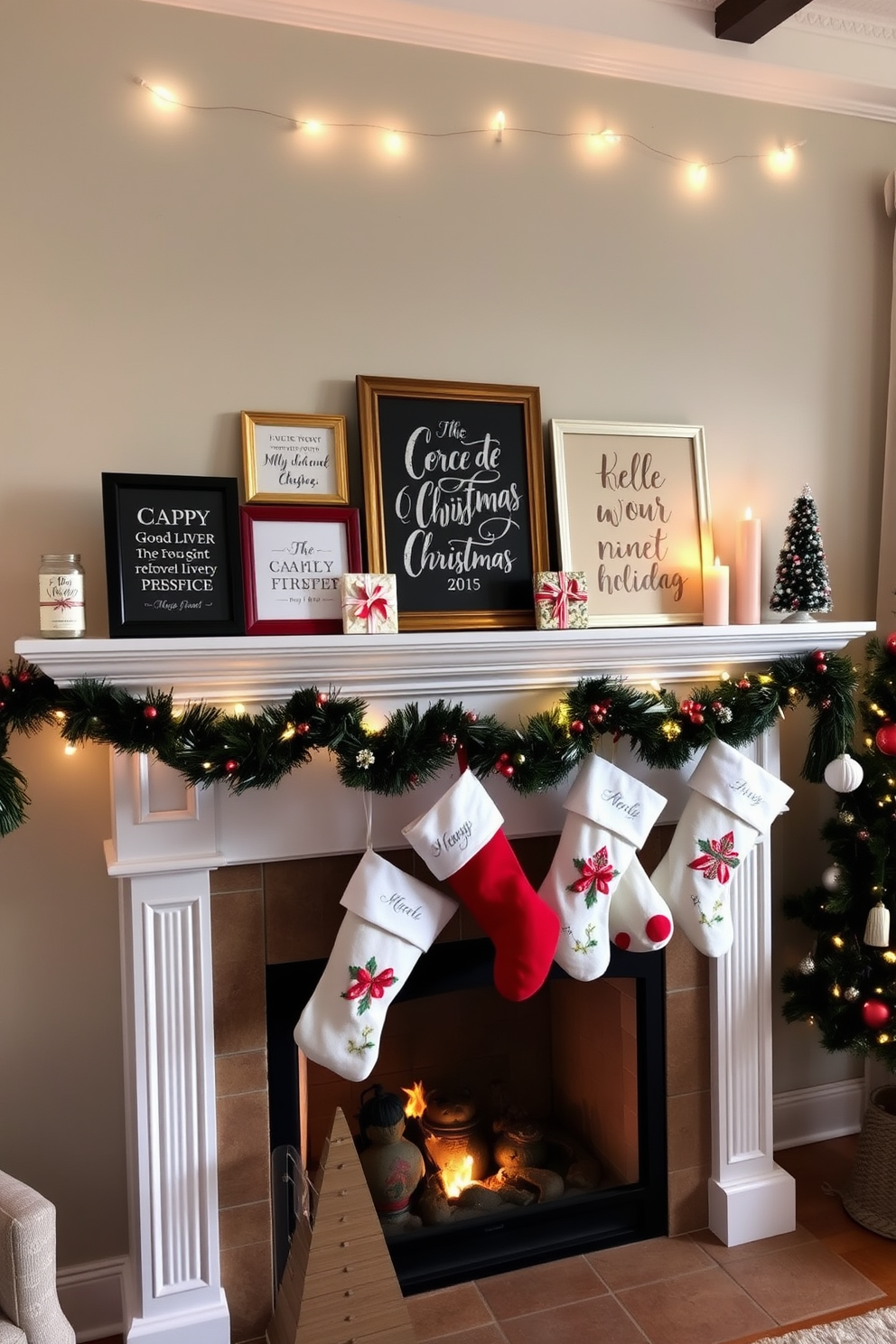 A stylish living room mantel decorated for Christmas. The mantel is adorned with a collection of framed holiday quotes and artwork, featuring warm colors and festive designs. Stockings hang from the mantel, each personalized and beautifully crafted. Soft fairy lights twinkle above, creating a cozy and inviting atmosphere for the holiday season.