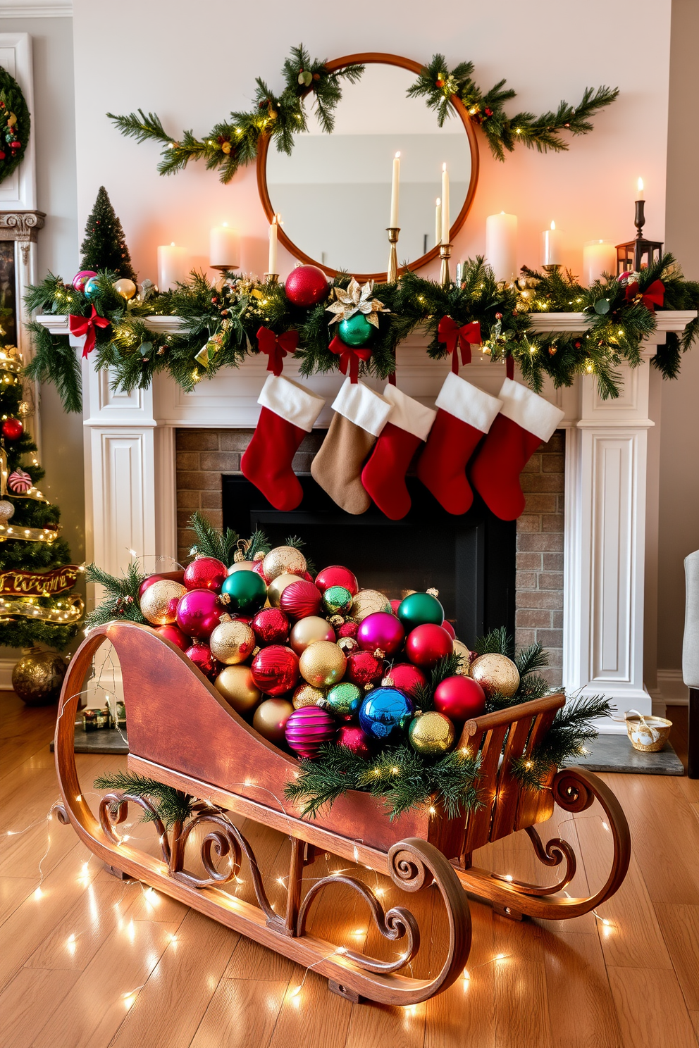 A beautifully decorated wooden sleigh overflowing with a variety of colorful ornaments sits prominently in the living room. The sleigh is surrounded by twinkling fairy lights and festive greenery, creating a warm and inviting holiday atmosphere. Above the sleigh, a classic mantel is adorned with an assortment of Christmas decorations. Stockings hang gracefully from the mantel, complemented by garlands of pine and sparkling candles that enhance the cozy festive charm.