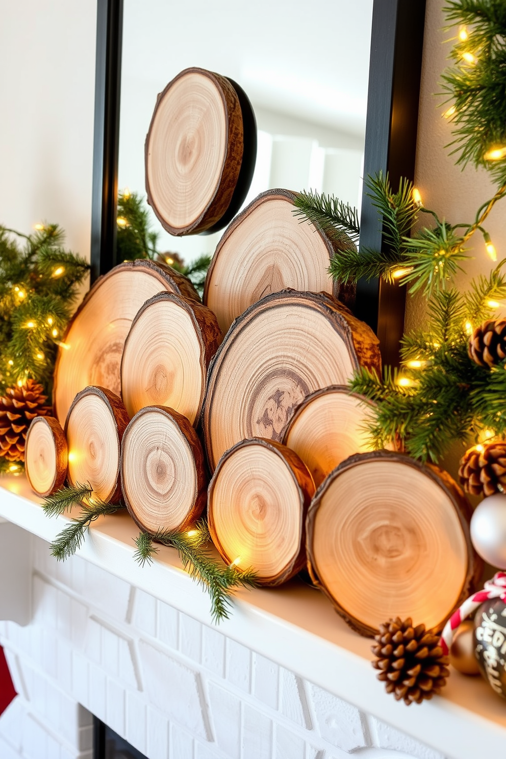 Natural wood slices serve as rustic decor elements, adding warmth and charm to any space. Arrange them on a mantel to create a cozy holiday atmosphere. Incorporate pine garlands and twinkling fairy lights alongside the wood slices for a festive touch. Add seasonal accents like pinecones and ornaments to enhance the Christmas spirit.