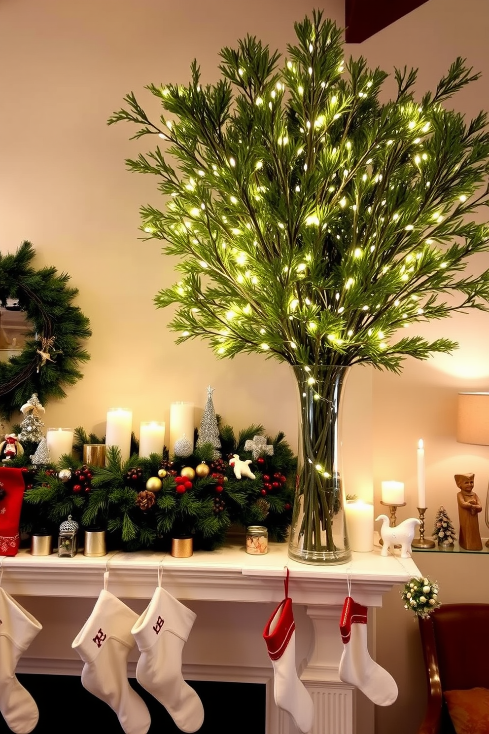 A festive display featuring lush Christmas tree branches arranged elegantly in a tall glass vase. The branches are adorned with twinkling fairy lights and delicate ornaments, creating a warm and inviting atmosphere. The mantel is beautifully decorated with a mix of garlands, candles, and seasonal accents. Stockings hang from the mantel, and a few festive figurines add a touch of charm to the overall design.