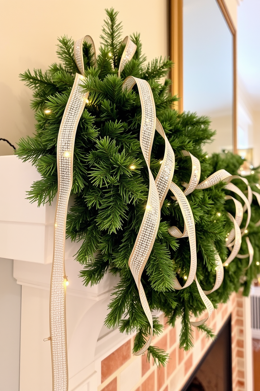 A festive mantel adorned with a lush garland intertwined with sparkling ribbons. The shimmering ribbons add a touch of elegance, enhancing the warmth of the holiday decorations.