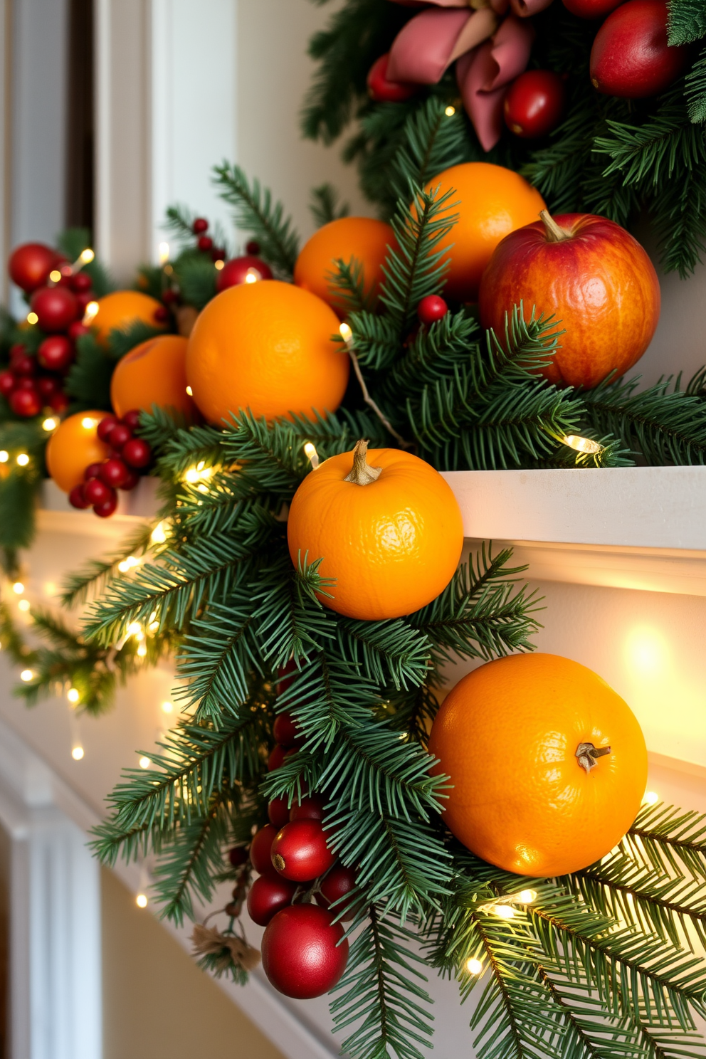 A beautifully arranged mantel decorated for Christmas. Seasonal fruits like oranges and apples are artfully placed among evergreen branches and twinkling fairy lights.