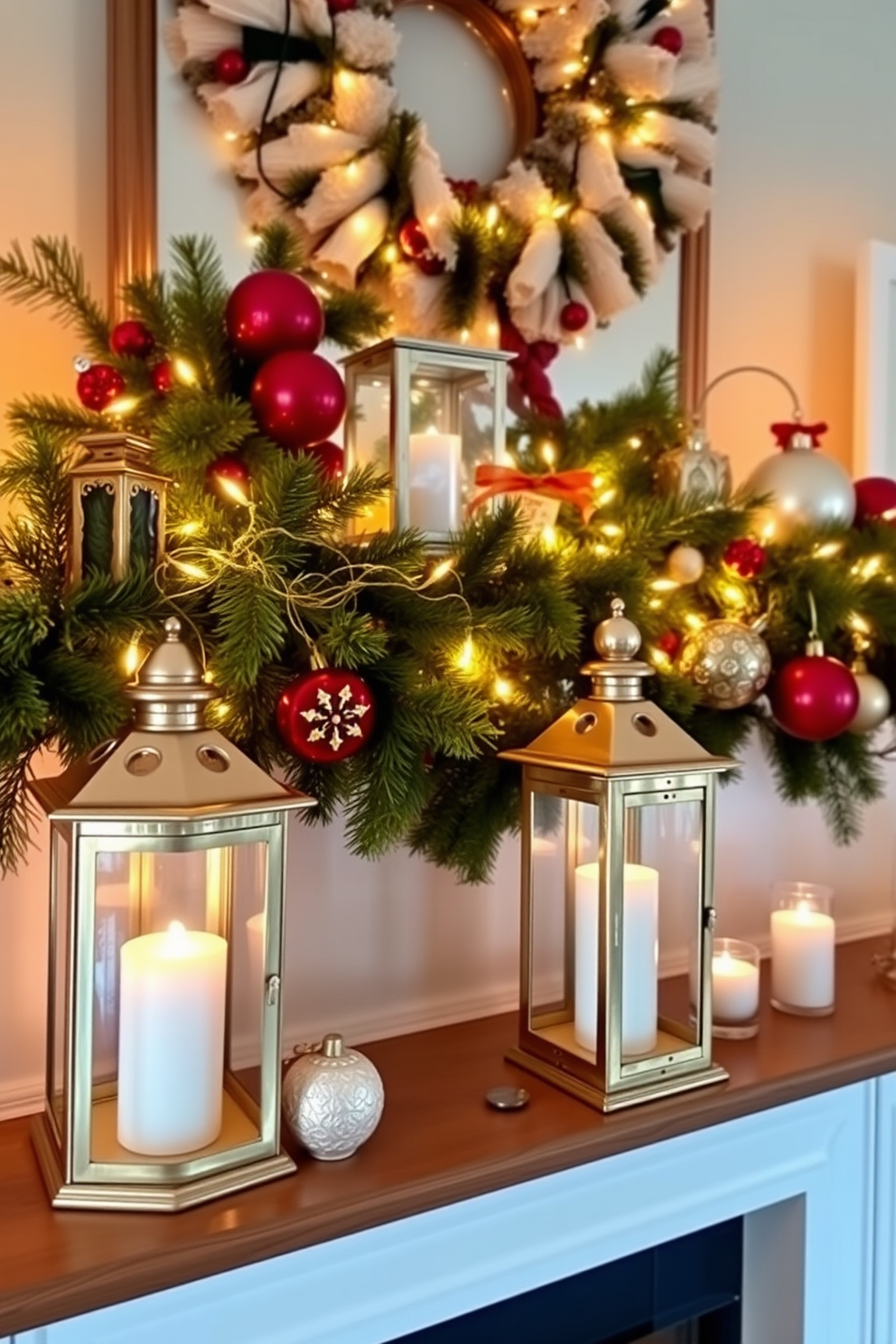 Charming lanterns with candles inside are arranged on a beautifully decorated mantel. The mantel is adorned with evergreen garlands, twinkling fairy lights, and festive ornaments, creating a warm and inviting holiday atmosphere.