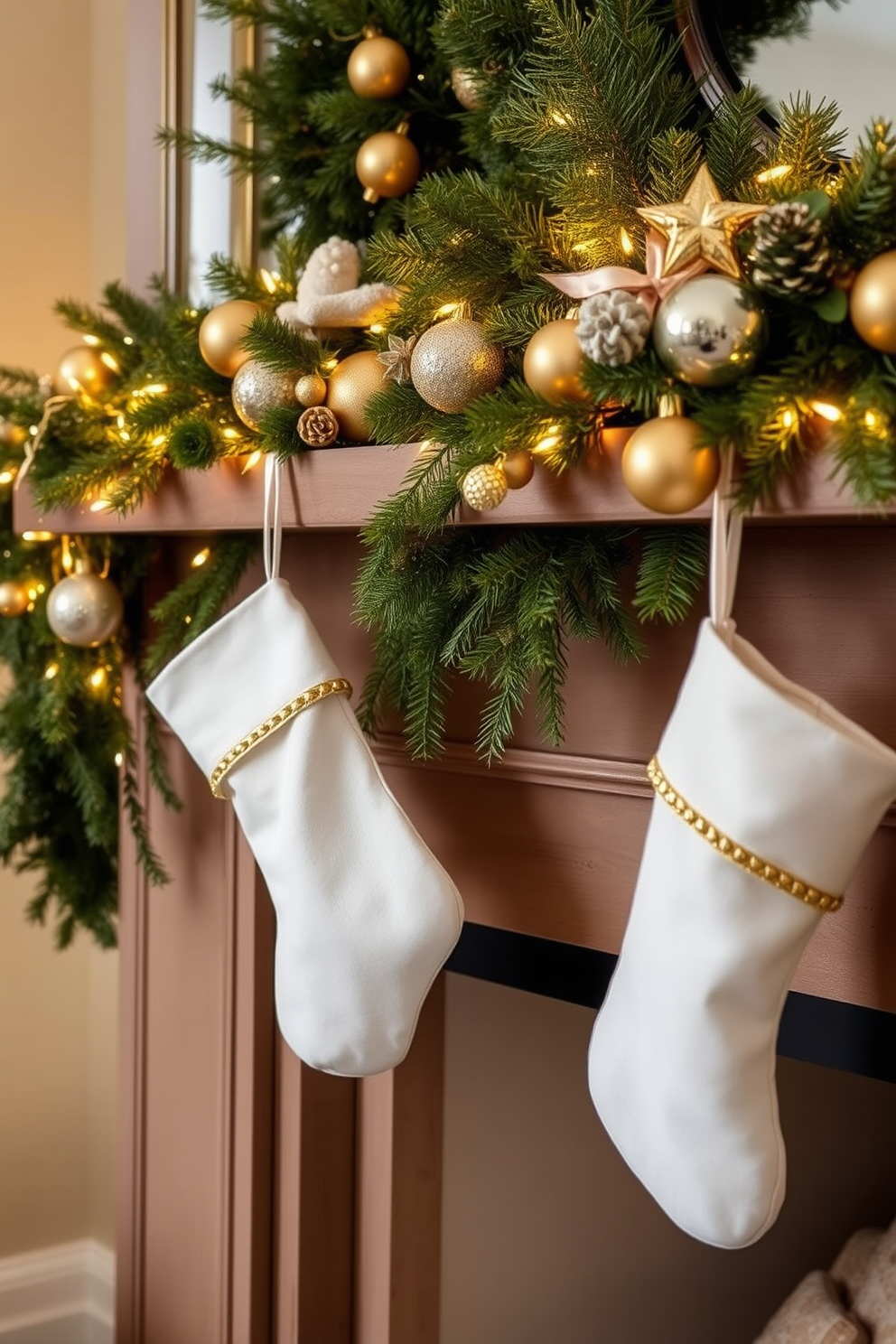 Elegant white stockings with gold accents hang gracefully from a beautifully decorated mantel. The mantel is adorned with lush greenery, twinkling fairy lights, and sparkling gold ornaments, creating a warm and inviting holiday atmosphere.