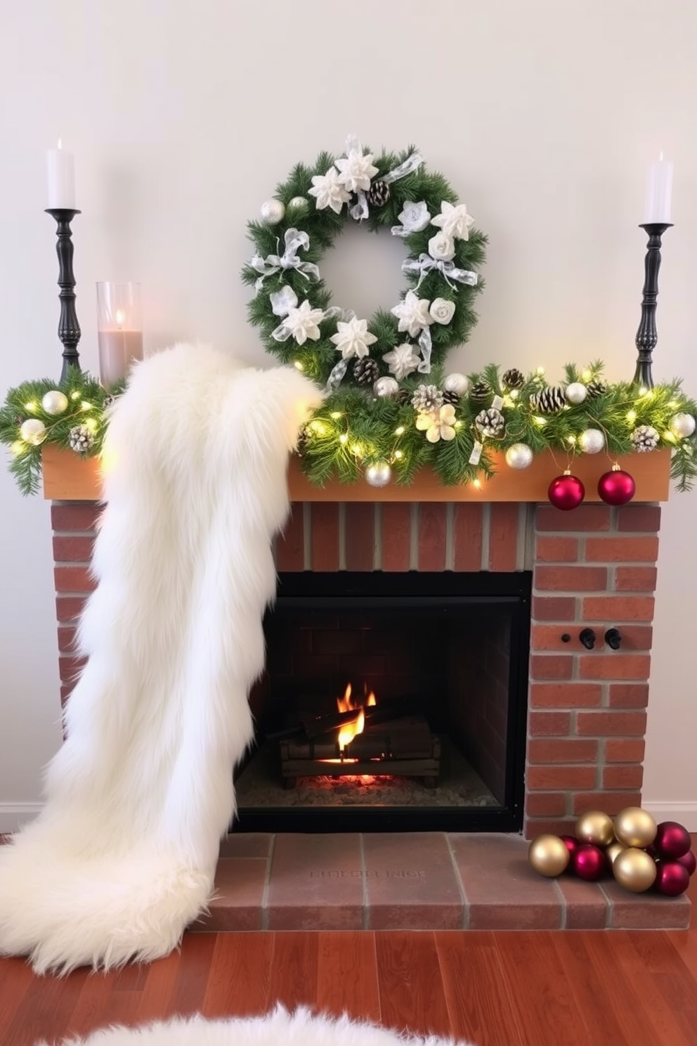 A cozy fireplace adorned with a snowy white faux fur runner stretches elegantly across the mantel. The runner is complemented by an array of festive decorations including pinecones, twinkling fairy lights, and a collection of red and gold ornaments.