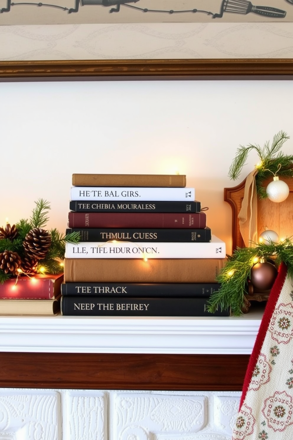 A cozy mantel adorned with vintage books stacked neatly, interspersed with festive holiday decor. Twinkling fairy lights and a few rustic ornaments create a warm and inviting atmosphere.