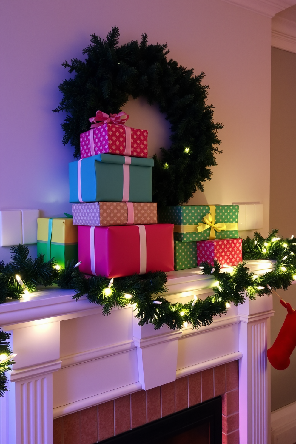 Colorful presents stacked on the mantel create a festive and inviting atmosphere. The mantel is adorned with evergreen garlands and twinkling fairy lights, enhancing the holiday spirit.