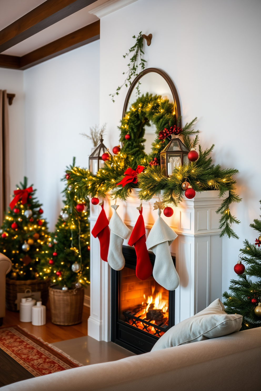 A cozy living room adorned for the holidays. The mantel is beautifully decorated with garlands of evergreen, twinkling fairy lights, and an array of festive ornaments. Hanging mistletoe adds a charming festive touch above the seating area. Stockings in various colors are neatly hung from the mantel, complementing the warm glow of a crackling fireplace.