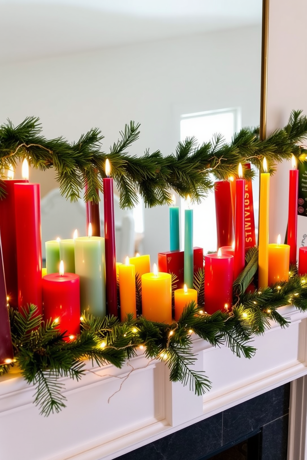 A cozy mantel adorned with brightly colored candles of varied heights creates a festive atmosphere. The candles are arranged in a harmonious display, complemented by evergreen garlands and twinkling fairy lights.