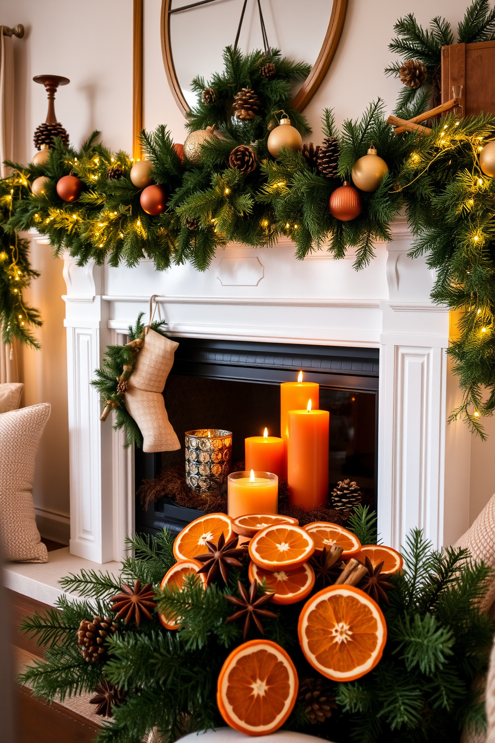 A cozy living room adorned with nutmeg and cinnamon scented decor items. The mantel is beautifully decorated with garlands of evergreen, accented by twinkling fairy lights and an assortment of rustic ornaments. On the mantel, there are decorative candles in warm amber tones, surrounded by small pinecones and cinnamon sticks. A festive arrangement of dried orange slices and star anise adds a fragrant touch, inviting warmth and holiday cheer.