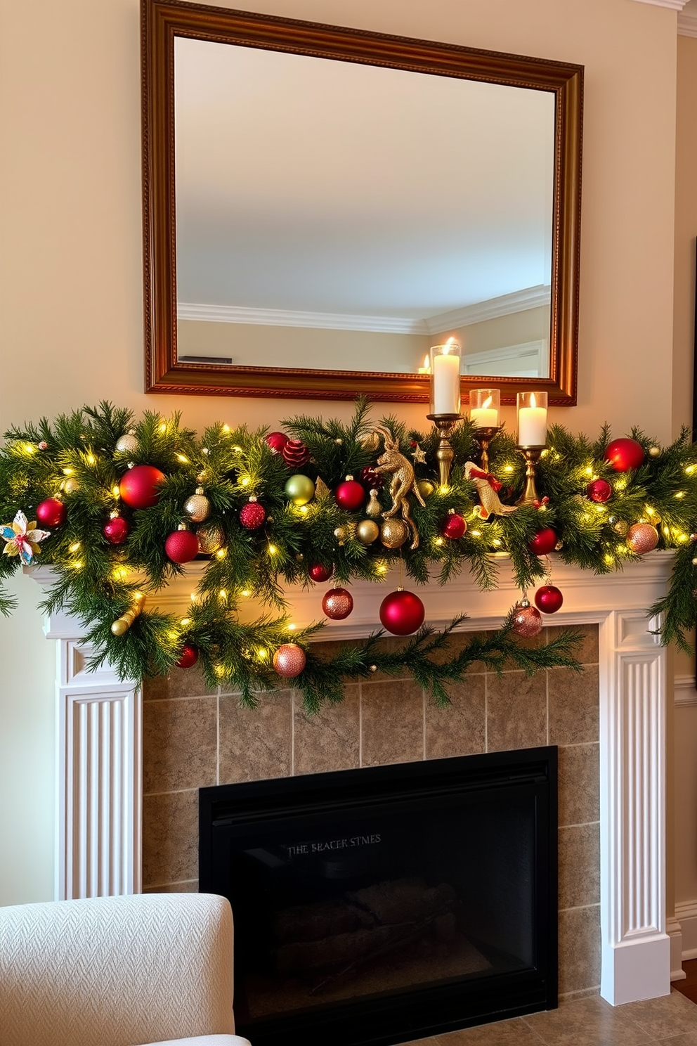 A cozy living room setting with a fireplace as the focal point. The mantel is decorated with lush green garlands intertwined with twinkling lights and colorful ornaments. On the mantel, there are elegant candle holders with flickering candles and a variety of festive ornaments in red and gold. Above the fireplace, a large mirror reflects the warm glow of the decorations, creating a welcoming holiday atmosphere.