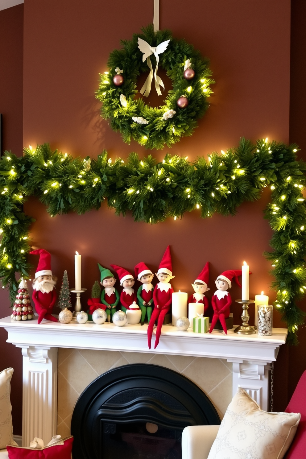 A cozy living room adorned with whimsical elf figurines and decorations. The mantel is beautifully decorated with garlands of pine and twinkling fairy lights, creating a festive atmosphere. Colorful elf figurines are playfully arranged on the mantel, surrounded by sparkling ornaments and candles. A charming holiday wreath hangs above, adding a touch of cheer to the space.