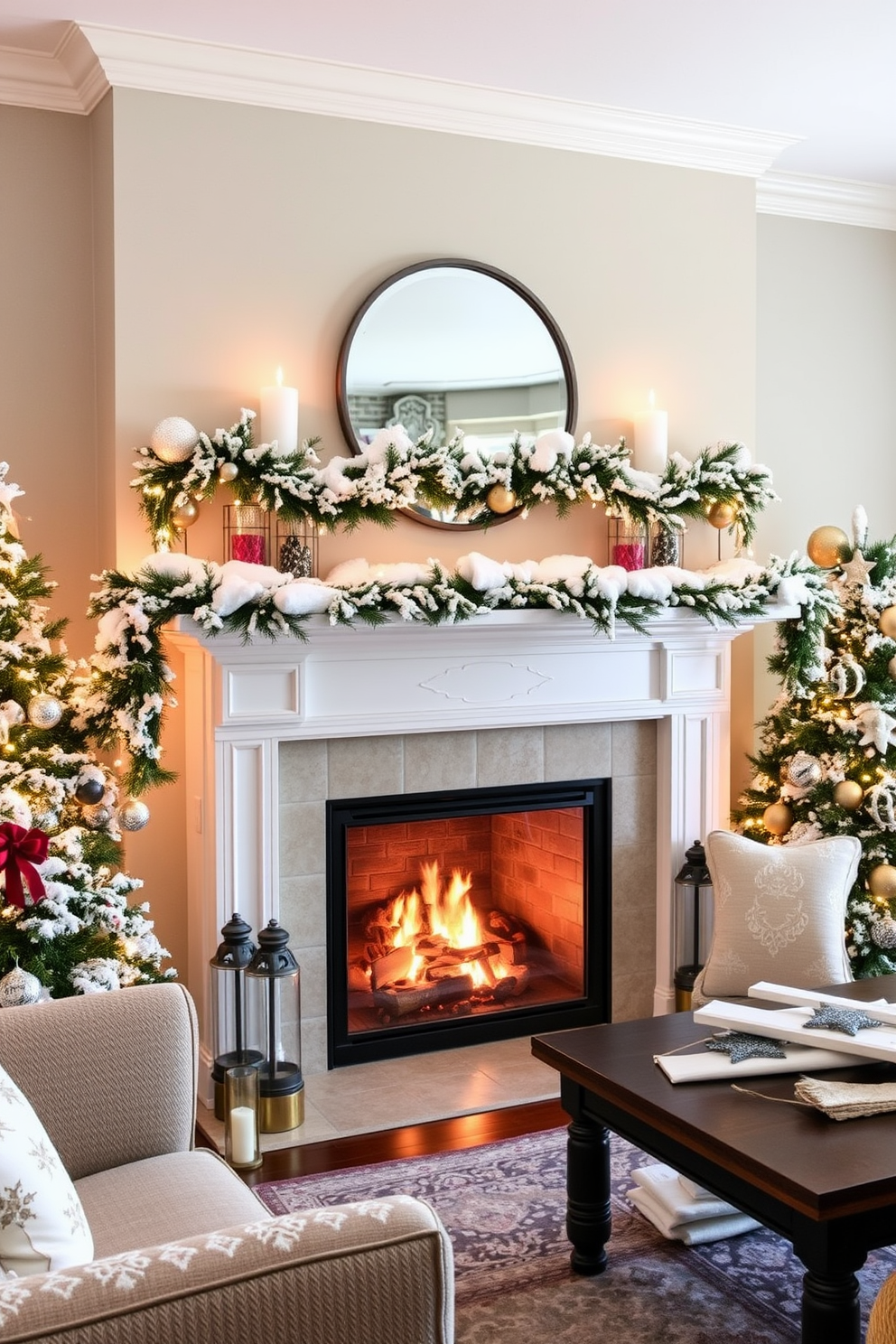 A cozy living room adorned for the holidays. The mantel is elegantly decorated with faux snow, creating a winter wonderland effect, while festive garlands and twinkling lights enhance the warm ambiance.