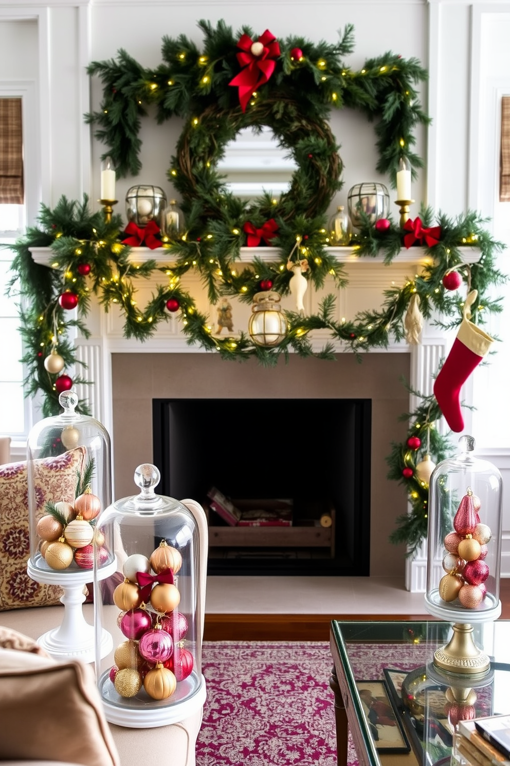 A cozy living room adorned with vintage ornaments displayed in elegant glass cloches. The mantel is beautifully decorated for Christmas, featuring garlands of greenery intertwined with twinkling fairy lights and classic red and gold accents.