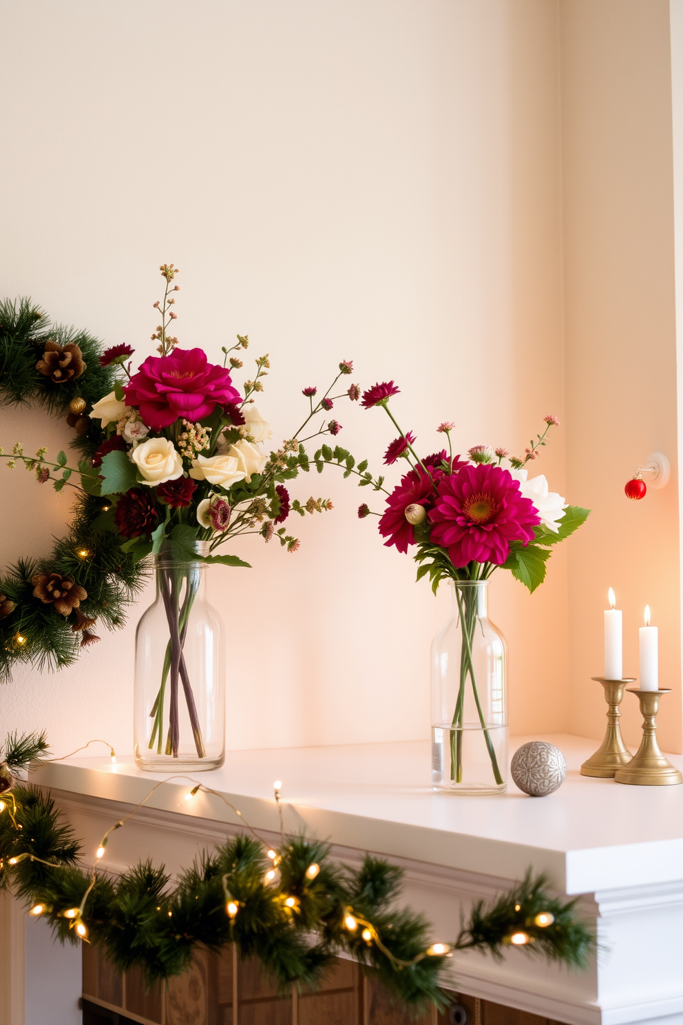 A cozy mantel adorned with simple glass vases filled with seasonal florals. The vases feature vibrant blooms that reflect the colors of the season, creating a warm and inviting atmosphere. Delicate string lights are draped along the mantel, adding a soft glow to the festive display. A few carefully placed decorative ornaments and candles complete the charming Christmas decorating ideas.