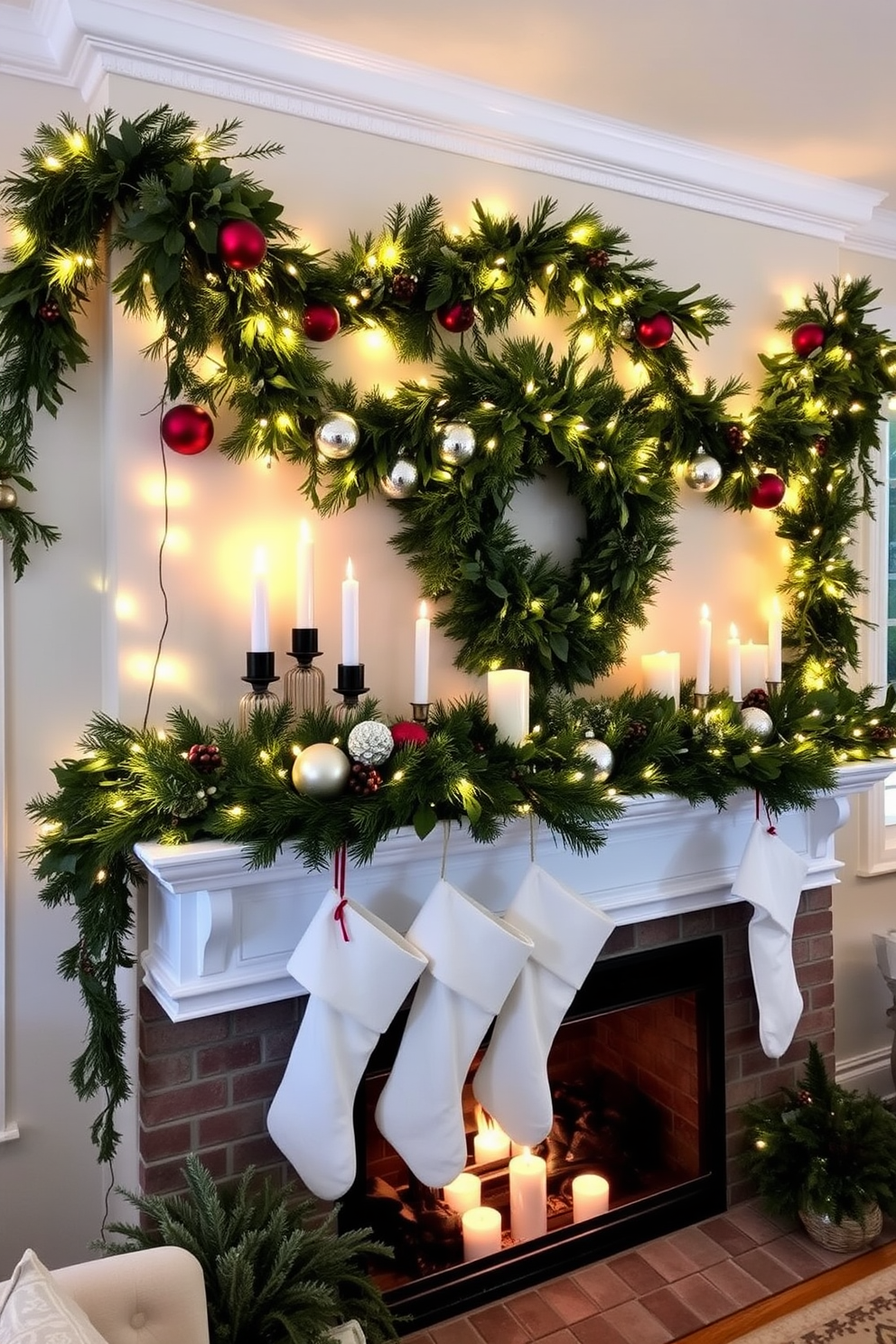 A cozy living room adorned with fresh greenery and twinkling fairy lights. The mantel is beautifully decorated with lush garlands, interspersed with warm white lights and an assortment of festive ornaments. On the mantel, there are elegant candles of varying heights surrounded by pinecones and berries. A few decorative stockings hang from the mantel, adding a touch of holiday cheer to the inviting space.