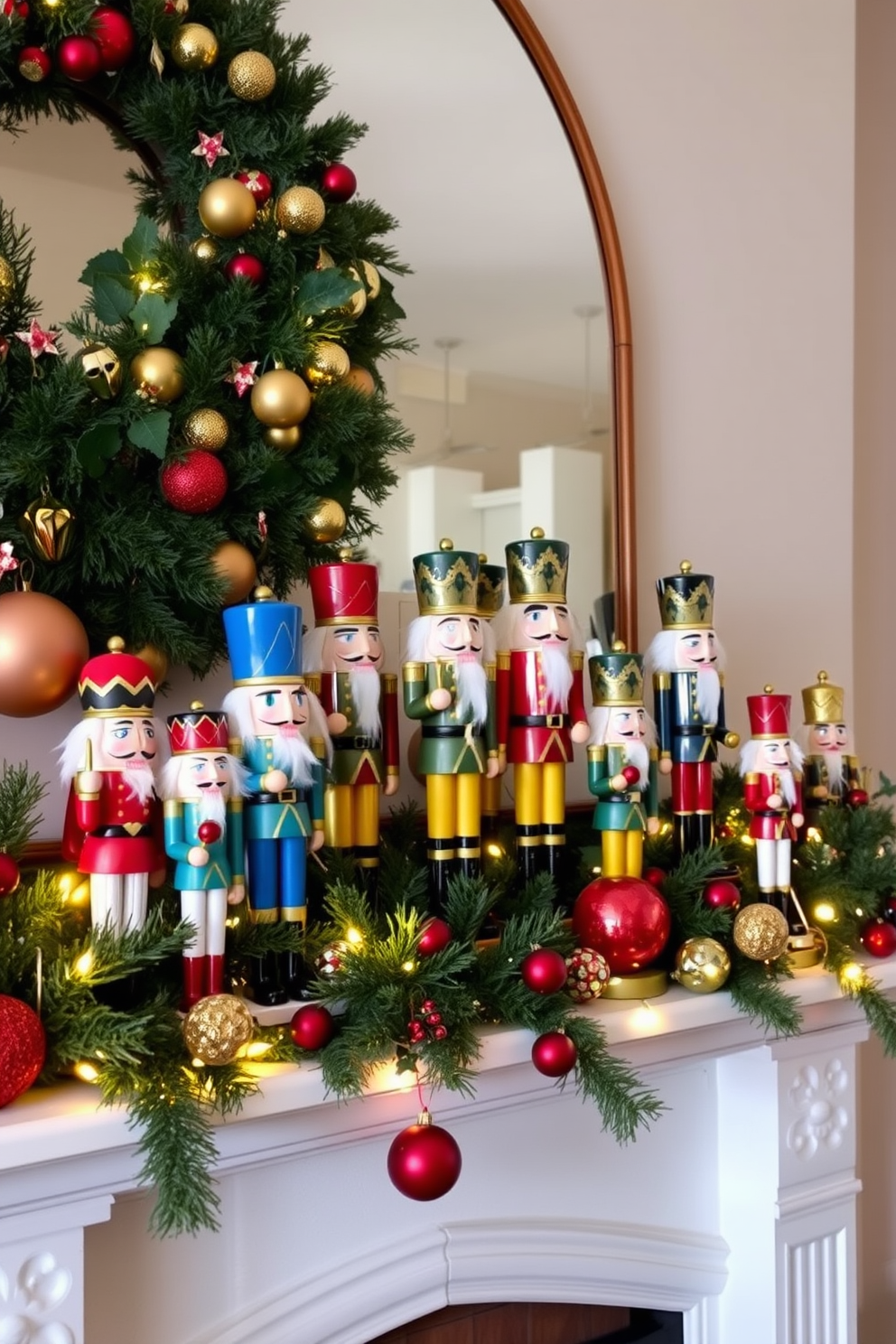 Colorful nutcracker figurines of various sizes are arranged on a beautifully decorated mantel. The mantel is adorned with lush greenery, twinkling fairy lights, and an assortment of festive ornaments, creating a warm and inviting holiday atmosphere.