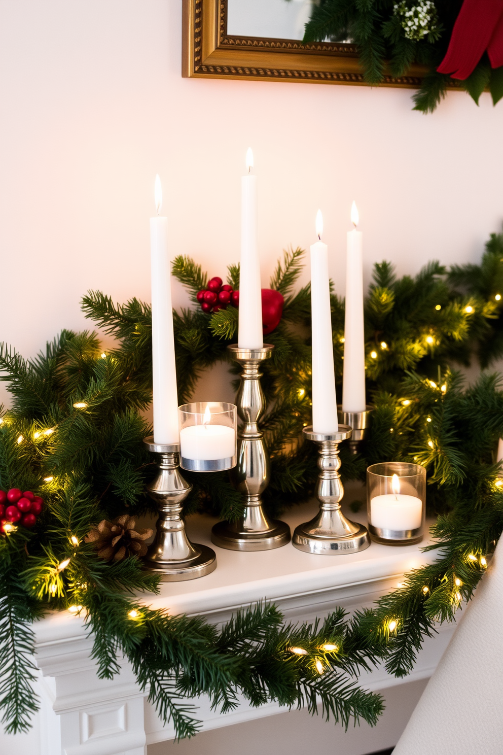 A cozy mantel decorated for Christmas features simple candles in elegant festive candle holders. The warm glow from the candles creates a welcoming atmosphere, enhanced by garlands of greenery and twinkling fairy lights.