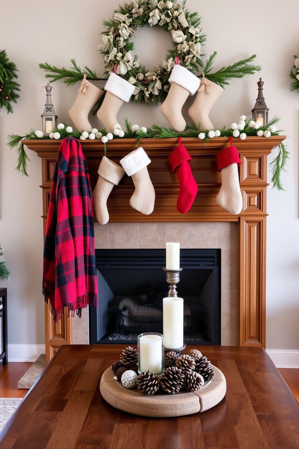 A cozy living room adorned for the holidays. A plaid throw blanket is elegantly draped over the wooden mantel, enhancing the warm atmosphere. Above the mantel, festive decorations bring a cheerful touch. Stockings in various textures hang, and a collection of pinecones and candles create a charming centerpiece.