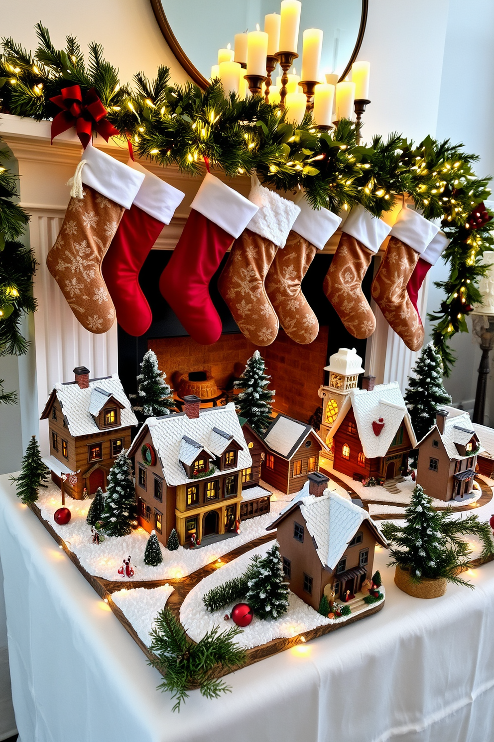 A charming miniature Christmas village display setup featuring quaint houses with snow-covered roofs and tiny twinkling lights. The village is arranged on a white tablecloth, surrounded by festive greenery and small decorative figurines. Elegant mantel Christmas decorating ideas with garlands of fresh pine and twinkling fairy lights. Stockings in various textures hang from the mantel, accompanied by a collection of candles in varying heights for a warm glow.