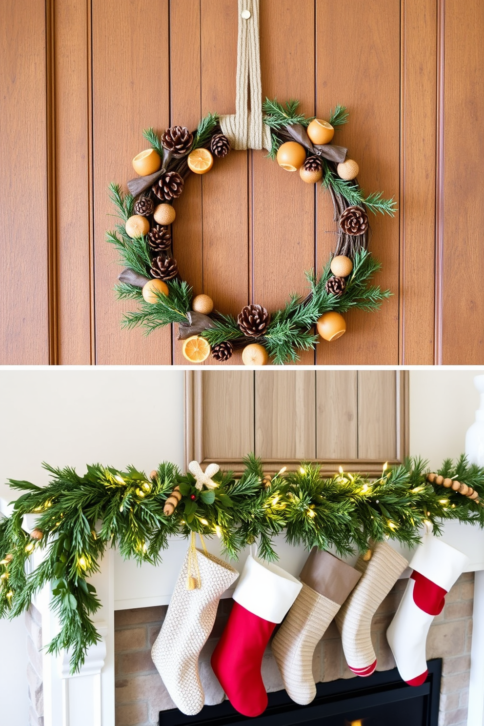 A DIY wreath made from natural elements features a circular base adorned with pinecones, dried orange slices, and sprigs of evergreen. The wreath is hung on a rustic wooden door, creating a warm and inviting entrance. Mantel Christmas decorating ideas include a garland of fresh greenery draped across the mantelpiece, accented with twinkling fairy lights. Stockings in various textures and colors are hung with care, adding a festive touch to the cozy living space.