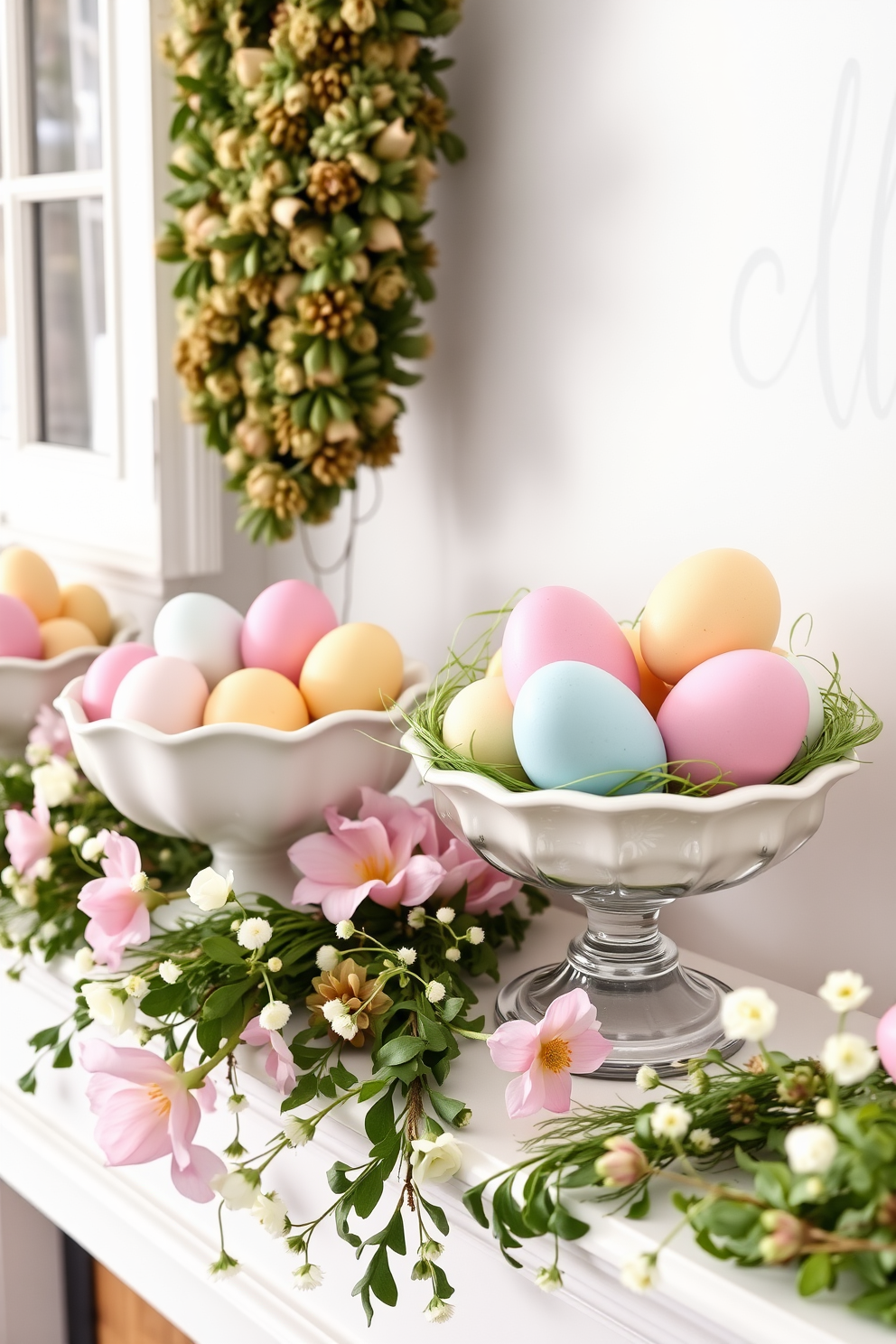 Bright pastel eggs are arranged in decorative bowls made of ceramic and glass. The bowls are placed on a beautifully styled mantel adorned with spring flowers and soft greenery.