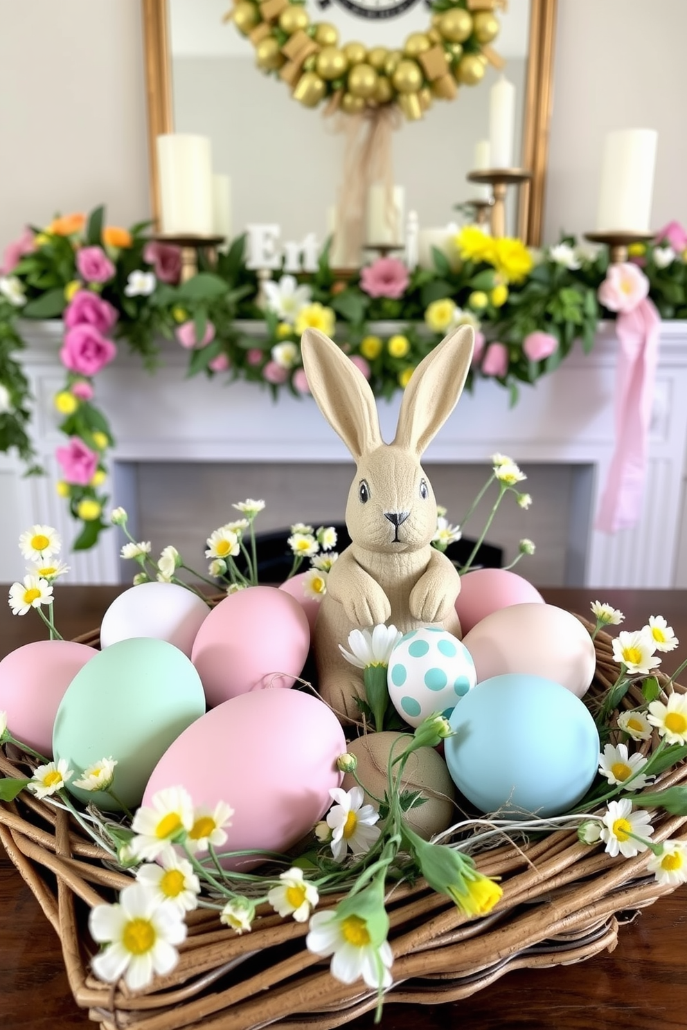 A collection of beautifully painted eggs using natural dyes in soft pastel colors. The eggs are displayed in a rustic wooden basket surrounded by fresh spring flowers. A charming mantel decorated for Easter with a variety of seasonal elements. There are colorful garlands, delicate candles, and a centerpiece featuring a large decorative bunny surrounded by painted eggs.