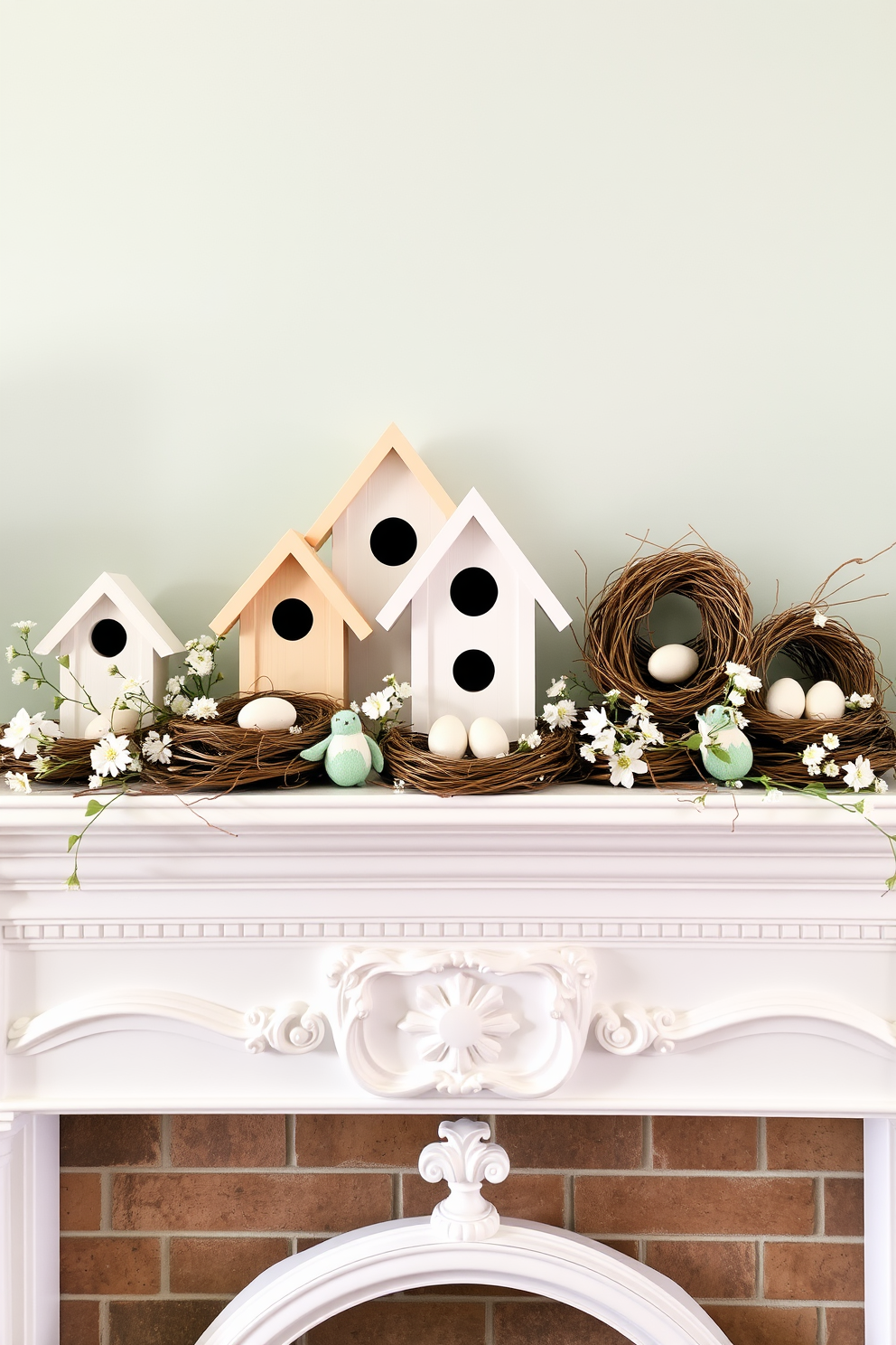 Charming birdhouses and nests are arranged on a beautifully styled mantel, creating a whimsical Easter display. The mantel is adorned with soft pastel colors, featuring decorative eggs nestled among the birdhouses and delicate spring flowers.