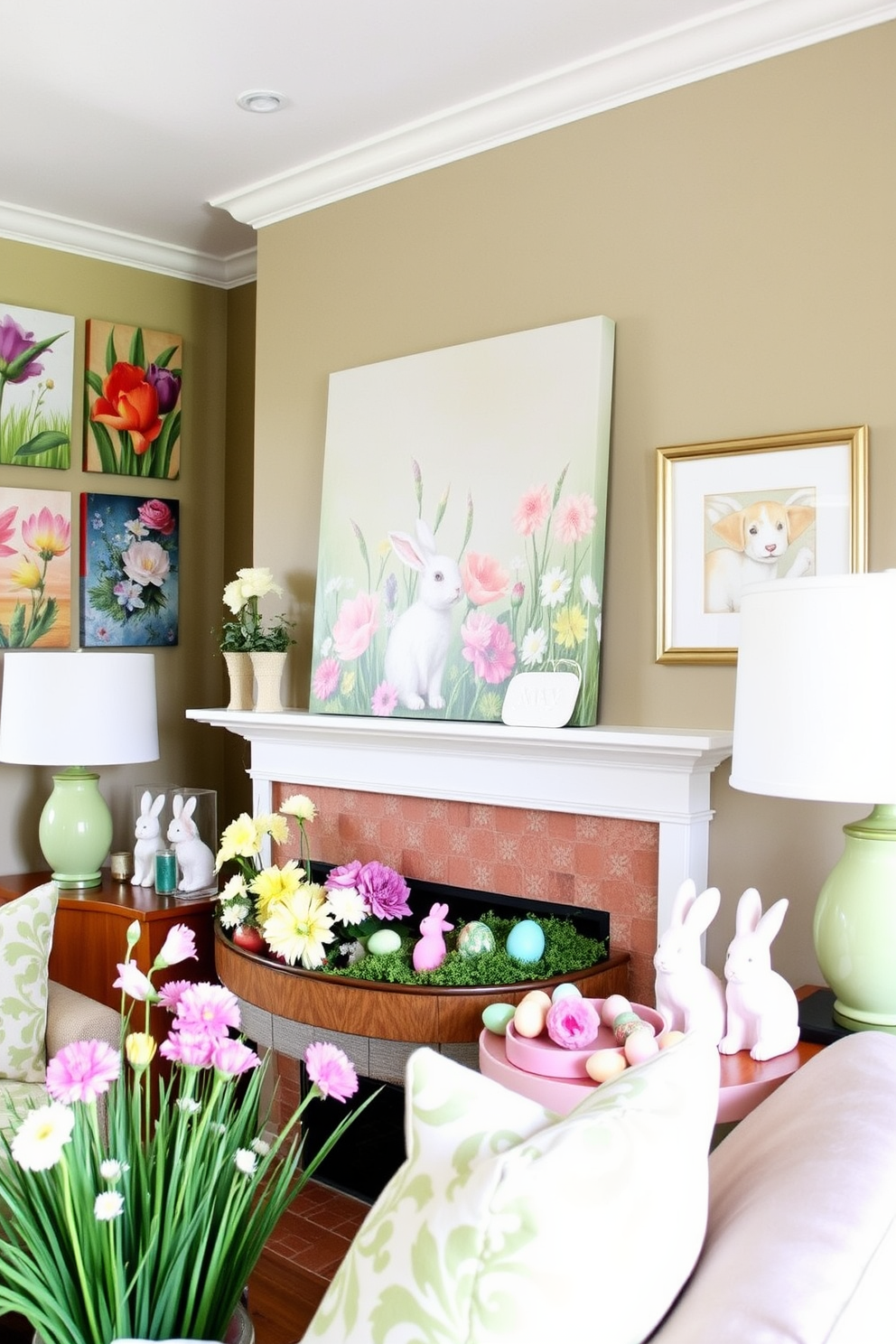 Create a vibrant living room adorned with spring-themed art pieces and prints. The walls are decorated with colorful floral canvases, and a large print of a blooming garden serves as the focal point. On the mantel, arrange a delightful display for Easter with pastel-colored decorations. Incorporate decorative eggs, small bunnies, and fresh flowers to enhance the festive atmosphere.