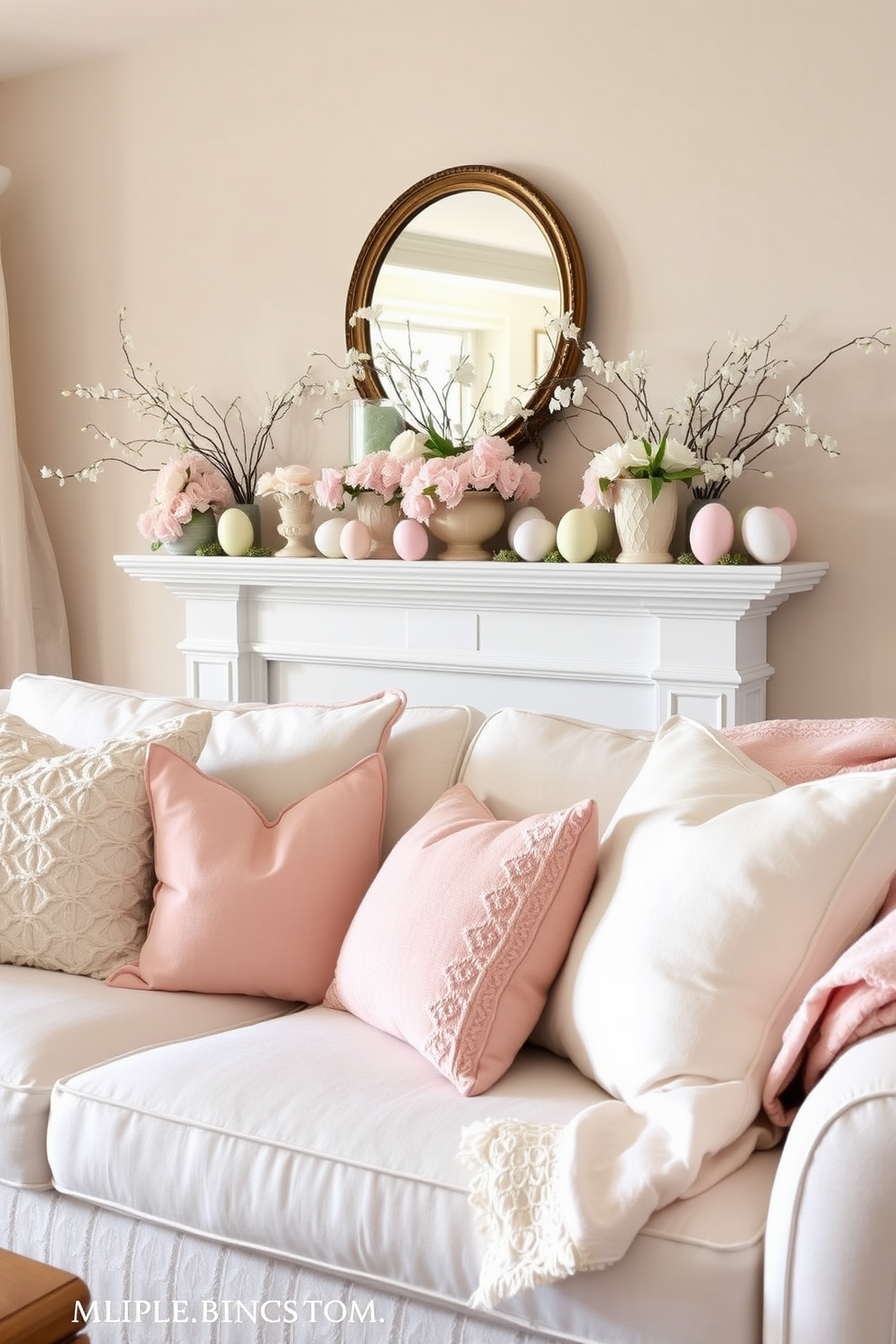 Layered fabrics in pastel hues create a soft and inviting atmosphere. Plush cushions and throws are arranged on a light-colored sofa, enhancing comfort and style. The mantel is adorned with Easter decorating ideas that bring a festive touch to the space. Delicate floral arrangements and pastel-colored eggs are artfully displayed, creating a cheerful focal point.