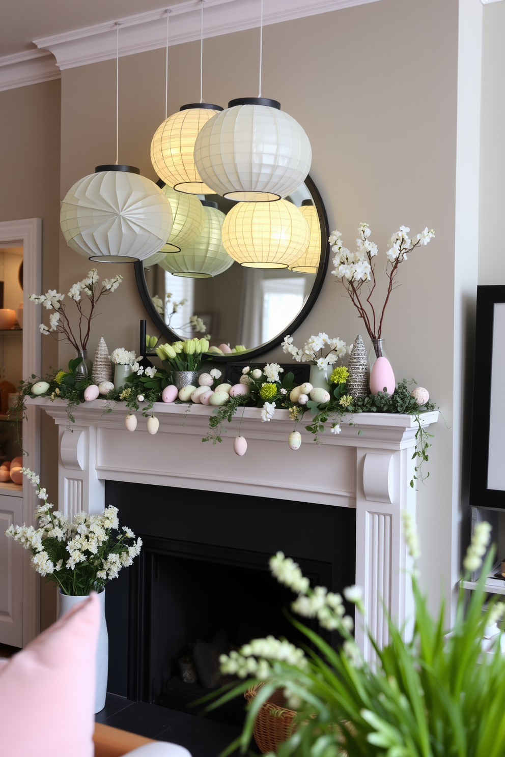 A cozy living room setting featuring a beautifully decorated mantel adorned with hanging paper lanterns. The mantel is tastefully decorated with pastel-colored Easter eggs, fresh flowers, and soft greenery, creating a festive and inviting atmosphere.