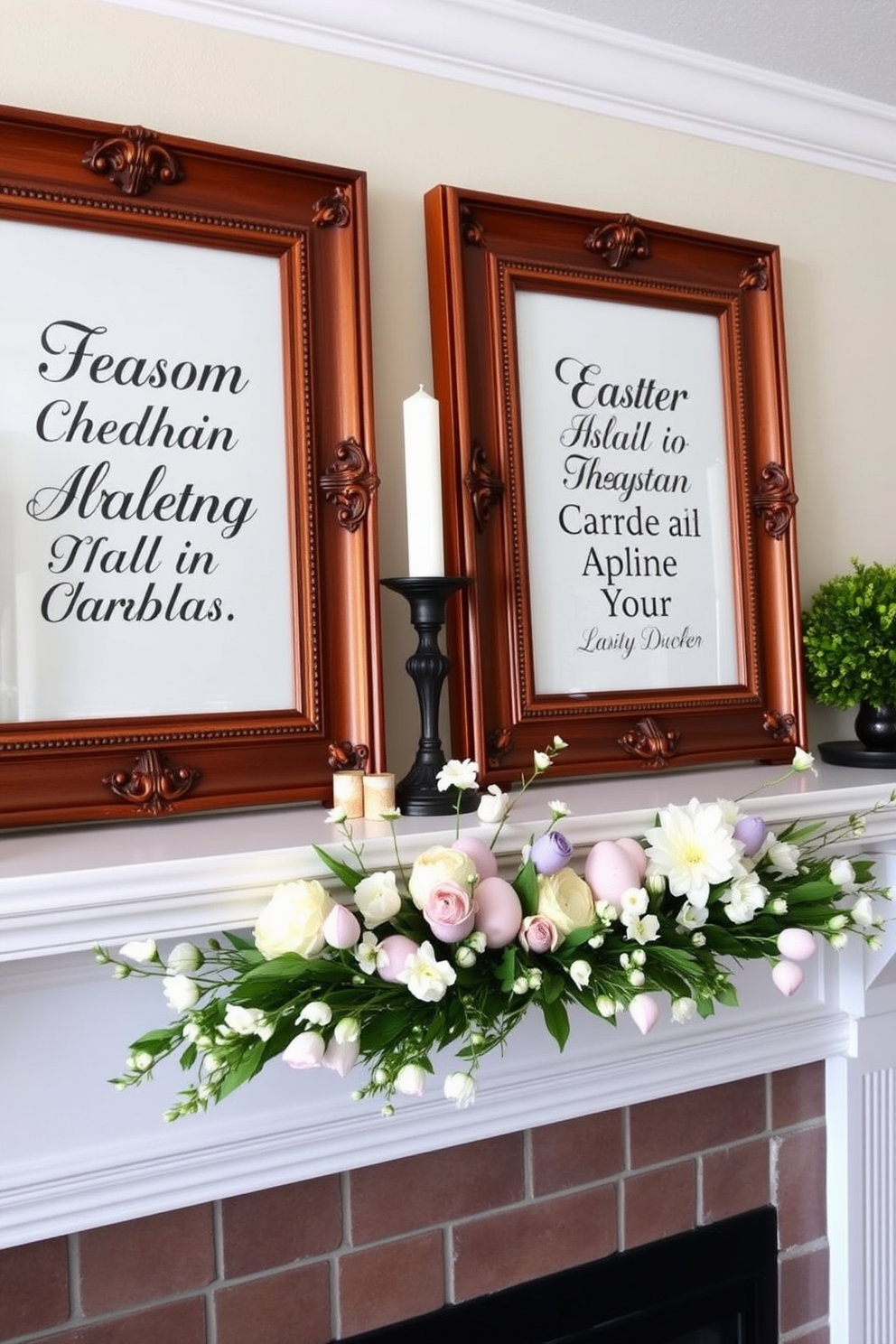 Seasonal quotes in elegant frames adorn the mantel, adding a touch of sophistication to the space. The frames are crafted from rich wood with intricate detailing, complementing the warm tones of the room. Easter decorating ideas are thoughtfully arranged on the mantel, featuring pastel-colored eggs and delicate spring flowers. The display is enhanced by soft candlelight, creating a cozy and inviting atmosphere.