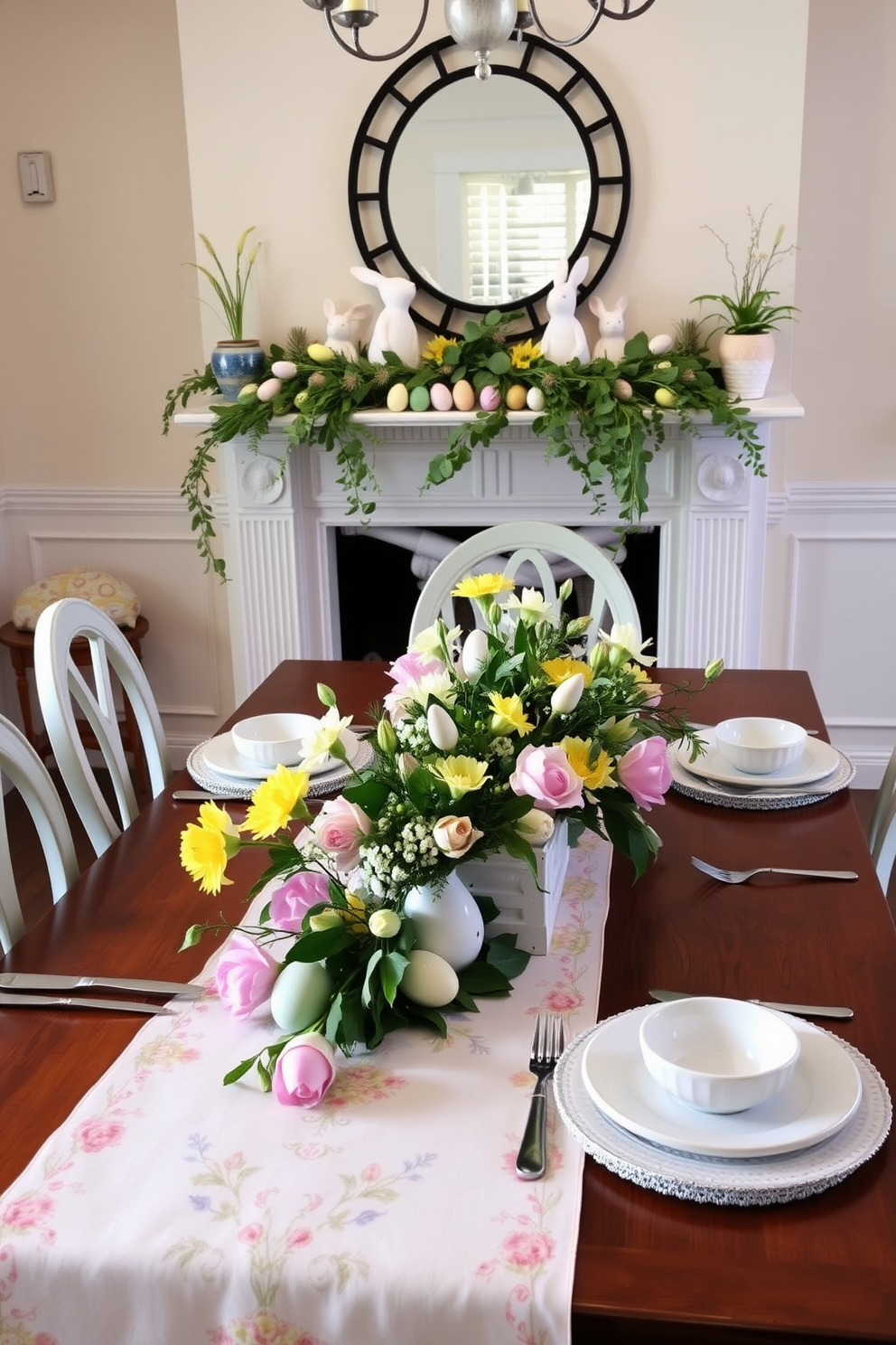 A beautifully set dining table featuring a pastel-colored Easter-themed table runner adorned with delicate floral patterns. Surrounding the table are elegant dinnerware and cheerful spring flowers in soft hues, creating a festive atmosphere. A charming mantel decorated for Easter with a mix of colorful eggs, fresh greenery, and whimsical bunnies. Soft lighting highlights the decorations, creating a warm and inviting focal point in the room.