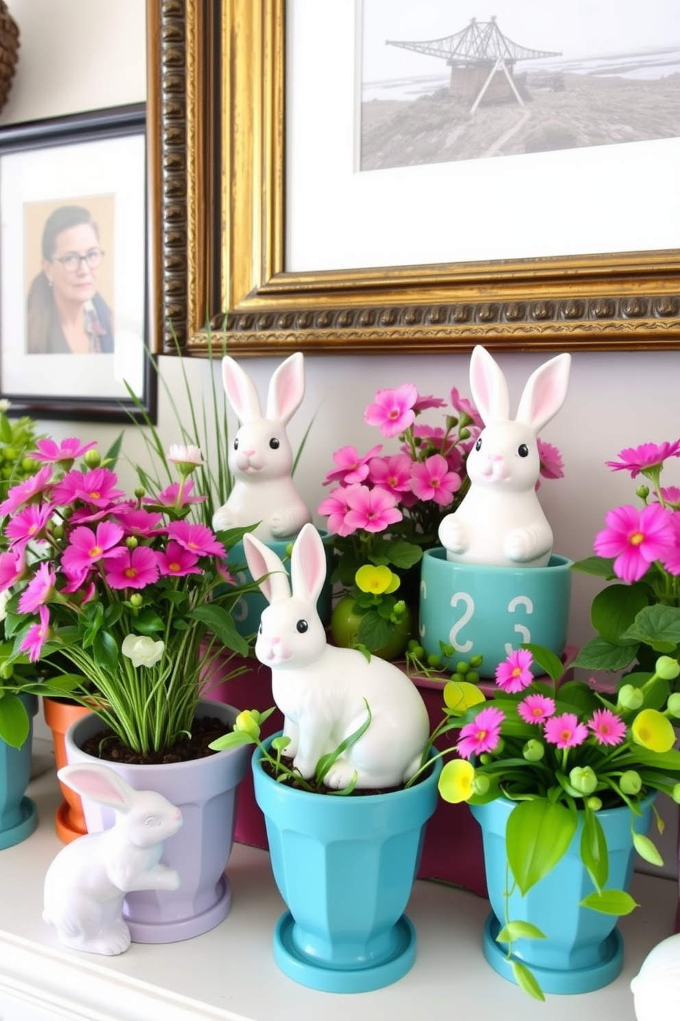 A charming Easter mantel display featuring ceramic bunnies nestled among vibrant potted plants. The bunnies are positioned playfully among the greenery, creating a whimsical and festive atmosphere.