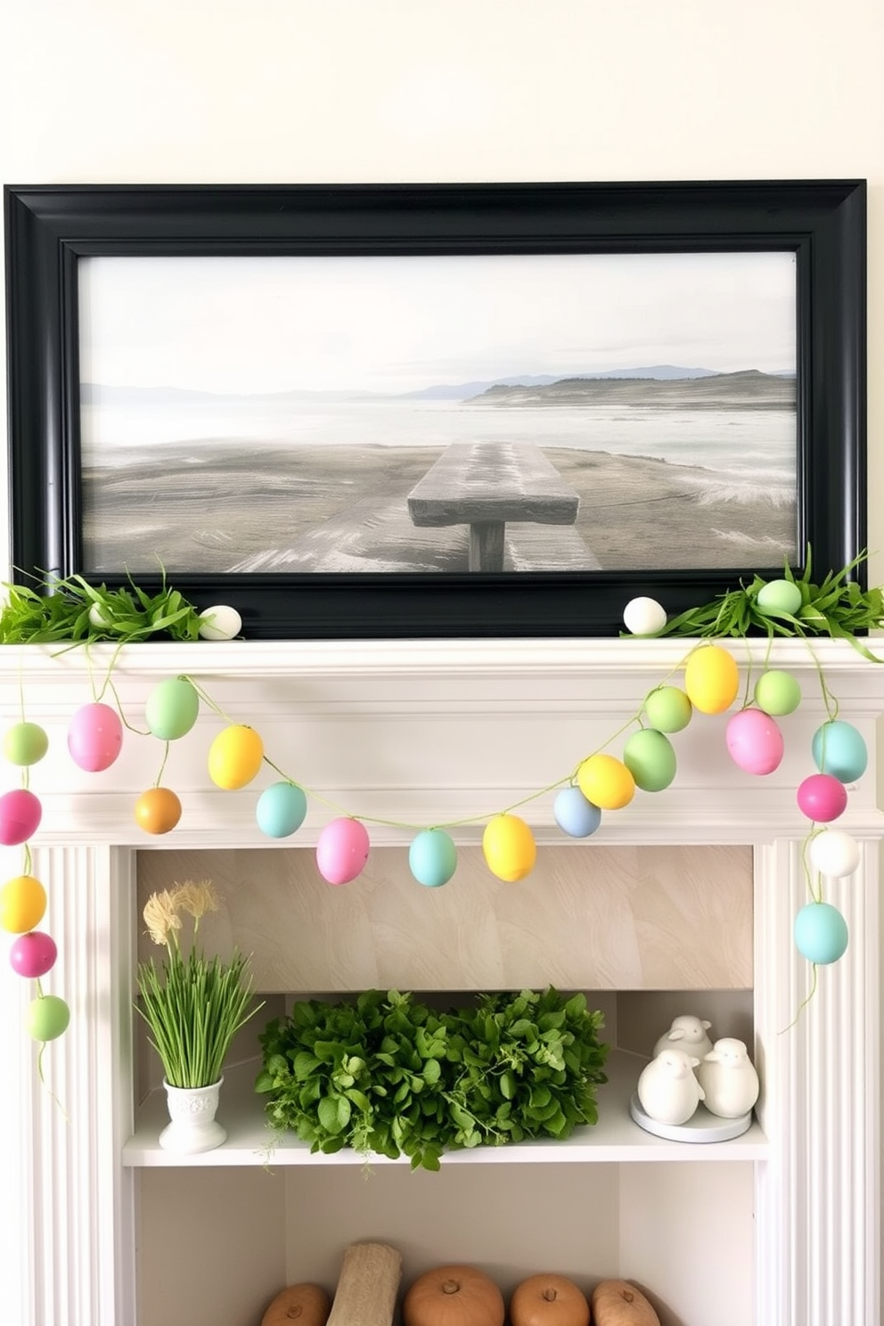 A charming mantel decorated for Easter. There are hanging garlands of colorful paper eggs strung across the mantel, creating a festive atmosphere.