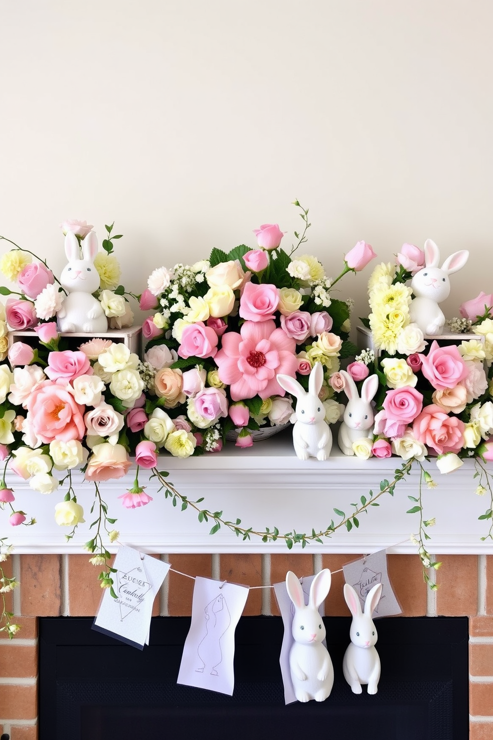 Floral garlands adorned with playful bunny accents drape elegantly across the mantel. Vibrant blooms in pastel hues create a cheerful atmosphere, while charming bunny figurines add a whimsical touch to the festive decor.