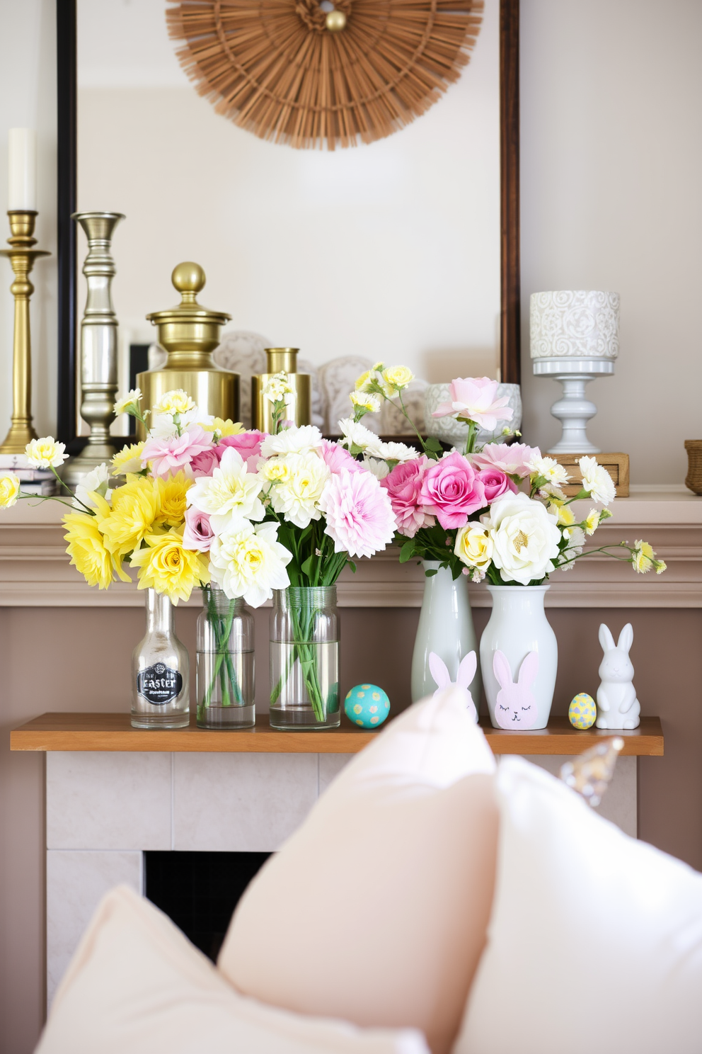 A cozy living room decor featuring a fireplace mantel adorned with mixed metal accents and vibrant spring florals. The mantel showcases a blend of brass and silver decorative items, complemented by fresh flowers in pastel hues arranged in elegant vases. Brightly colored Easter-themed decorations are tastefully placed around the mantel, including hand-painted eggs and whimsical bunnies. Soft, neutral tones in the background enhance the cheerful atmosphere, creating a welcoming space for spring gatherings.