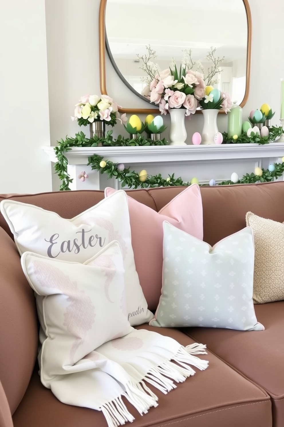 Soft pillows with Easter motifs are arranged on a cozy couch, featuring pastel colors and whimsical designs that celebrate the holiday spirit. The pillows are complemented by a light, airy throw blanket draped casually over the armrest. A beautifully decorated mantel showcases an array of Easter-themed decorations, including colorful eggs and spring flowers in elegant vases. Delicate garlands made of faux greenery and pastel accents add a charming touch to the overall festive display.