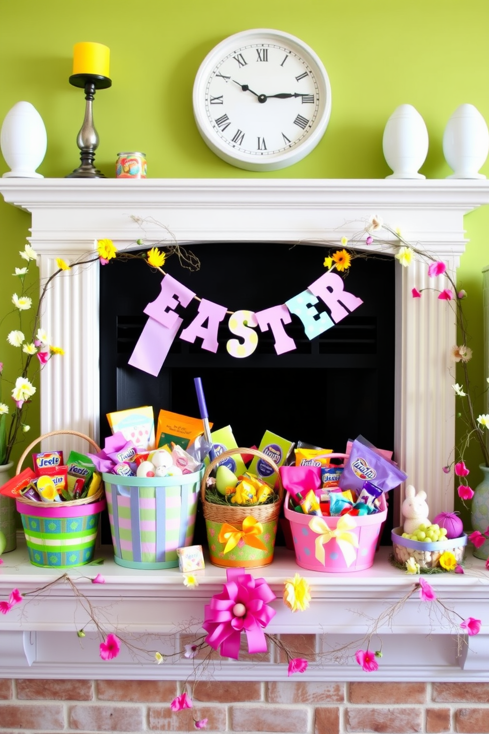 A vibrant mantel decorated for Easter features colorful baskets filled with an assortment of treats. The baskets are arranged artfully on the mantel, surrounded by spring flowers and cheerful decorations that evoke the festive spirit of the holiday.