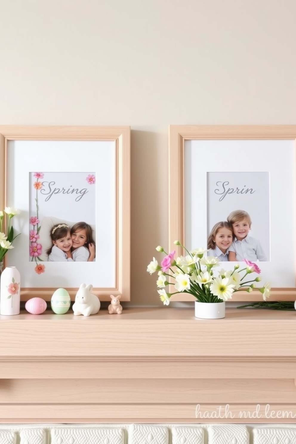 Framed family photos with spring themes are displayed on a light wooden mantel. Each photo is surrounded by pastel-colored frames, featuring blooming flowers and cheerful colors that evoke the essence of spring. The mantel is adorned with delicate Easter decorations, including painted eggs in soft hues and small bunny figurines. Fresh spring flowers in a white vase add a touch of vibrancy, creating a warm and inviting atmosphere.